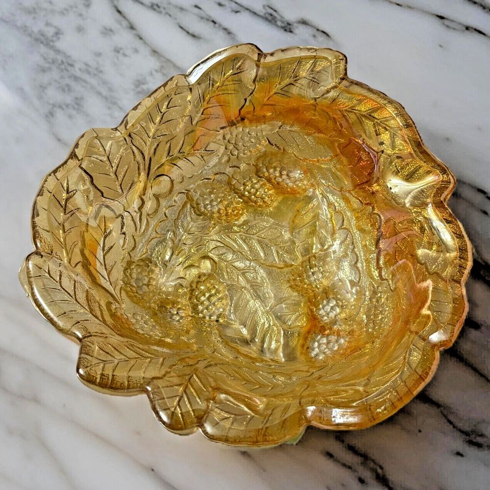 Indiana Carnival Amber Glass Logan Berry Leaves Candy Dish Bowl